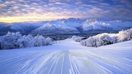 Obraz premium A serene winter landscape showcasing snow-covered mountains and groomed ski slopes at dawn.