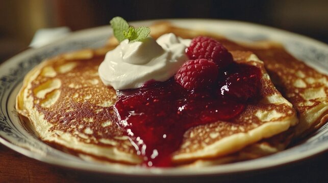 A plate of pancakes topped with cream, raspberry jam, and fresh raspberries.