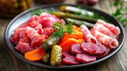 A platter of assorted cured meats, pickles, and garnishes, ideal for a charcuterie board.