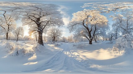 Fototapeta premium A serene winter landscape with snow-covered trees and a sunlit path.