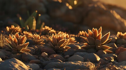 Fototapeta premium Sunlit Succulents on Rocky Ground in Natural Desert Landscape
