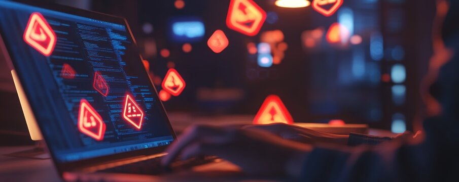 Hacker working on laptop with error warnings and alerts.