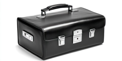 Black leather briefcase with silver hardware, isolated on white background.
