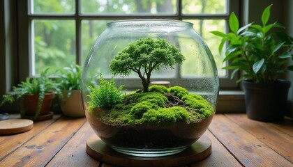Terrarium with lush greenery and a small tree, tranquil atmosphere, indoor setting
