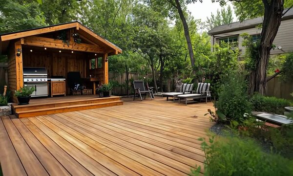 Luxurious backyard deck with wooden pergola, grill, and lounge seating.