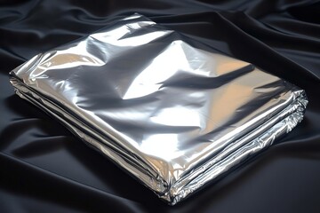 Shiny Metallic Silver Emergency Blanket on Black Background