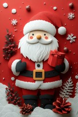 Adorable Paper Cut Santa Claus Holding a Christmas Gift Against a Festive Red Background with Snowflakes and Holiday Decorations