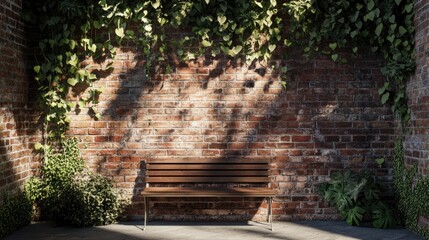 Obraz premium Wooden bench against a brick wall covered with ivy, sunlight and shadows.