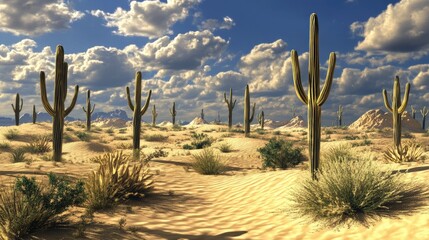 Scenic Desert Landscape with Cacti and Dramatic Cloudy Sky