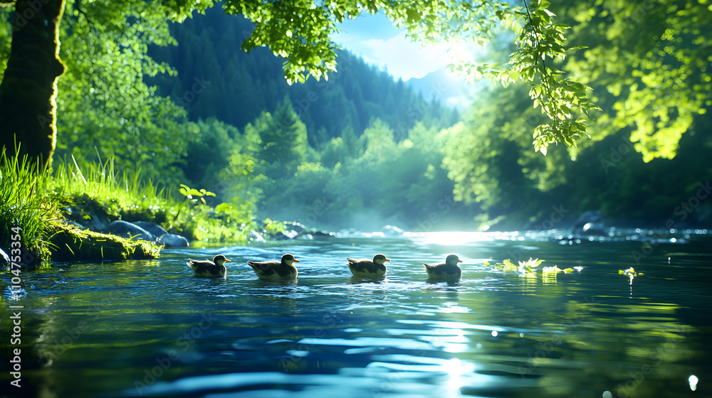 Poster a tranquil riverside scene with ducks swimming under lush green trees, illuminated by soft sunlight 