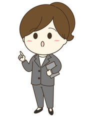 説明するパンツスーツの女性のゆるかわイラスト
