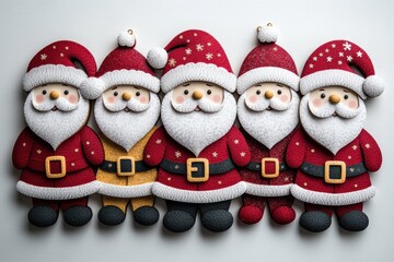 Colorful Paper Cut-Out Santa Decorations for Christmas Display, Featuring Five Unique Santa Clauses with Festive Hats and Belts, Perfect for Holiday Cheer