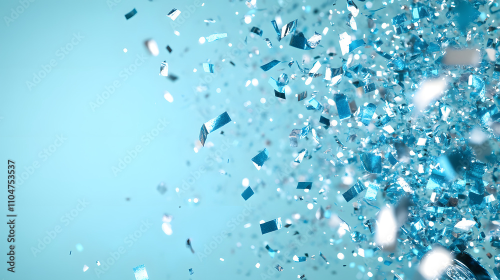 Poster A vibrant splash of blue glitter particles against a pale background, creating a dynamic and festive visual effect