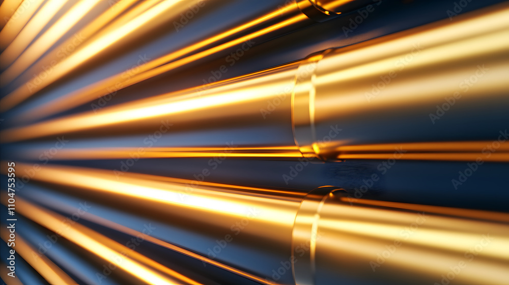 Poster a close-up image showcasing metallic tubes illuminated by warm lighting, creating a sleek and modern