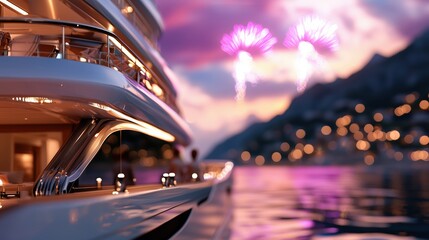 Luxury yacht party with fireworks at sunset, concept of opulence