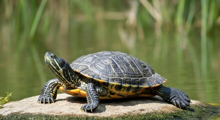 Fototapeta premium Basking Turtle on Rock by Water