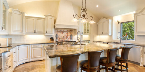 Elegant kitchen with modern design and classic touches in bright space