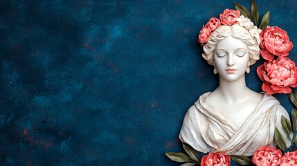 Naklejka premium Bust sculpture of female figure against floral nature background in artistic studio aesthetic