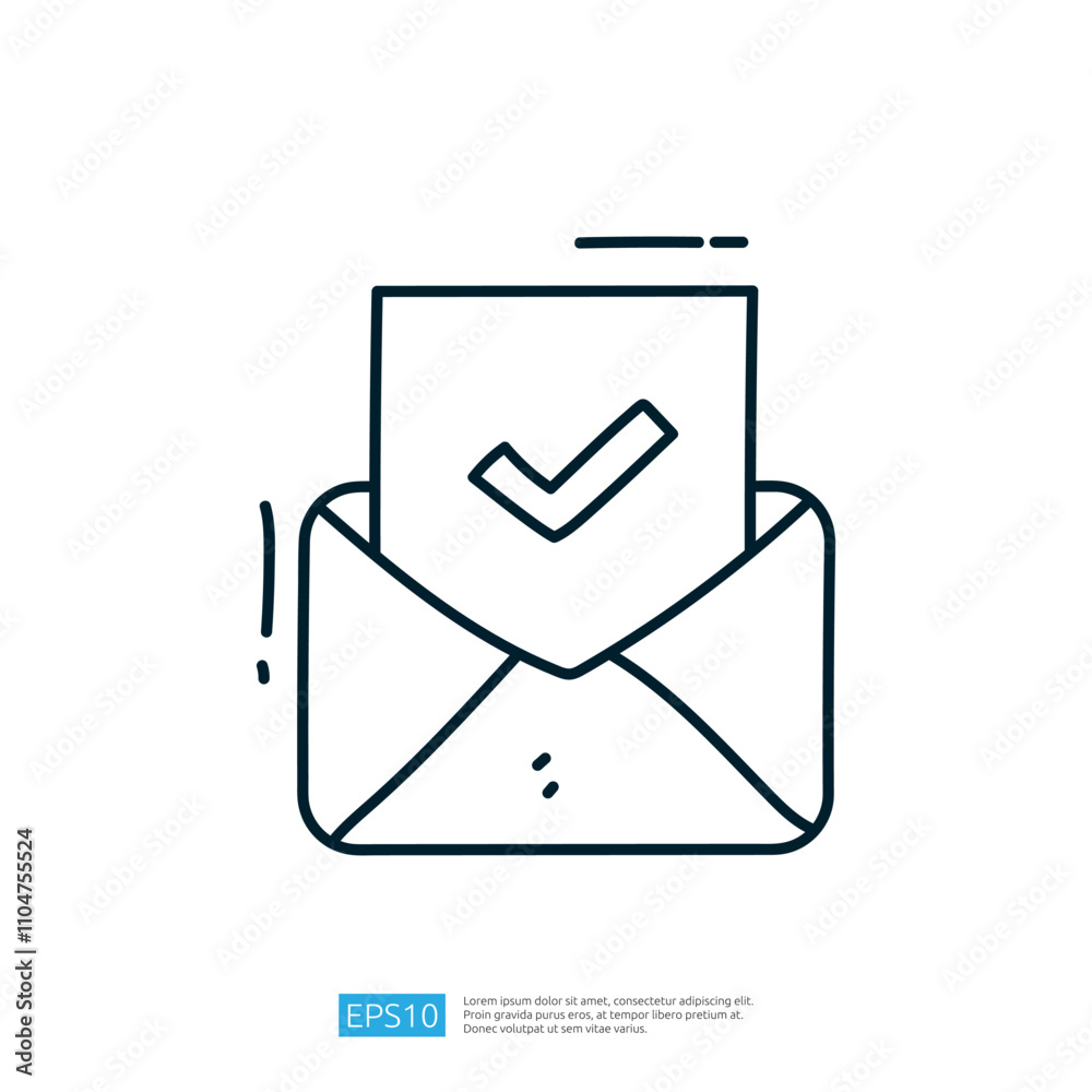 Poster a simple line drawing of an envelope with a document inside, featuring a checkmark, symbolizing comm
