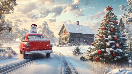 Red truck with snowman drives past snowy cabin and Christmas tree at sunrise.