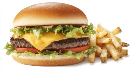 Juicy Cheeseburger with Fresh Lettuce and Crispy French Fries
