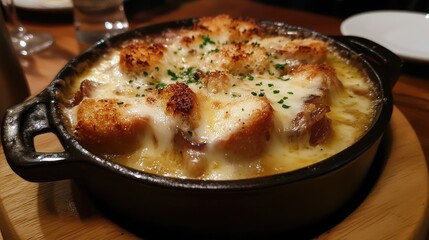 Delicious Cheesy Casserole with Crusty Bread Topping Served Hot