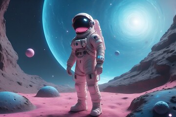 Obraz premium A minimalist 3D render of an astronaut standing on a small, floating planet
