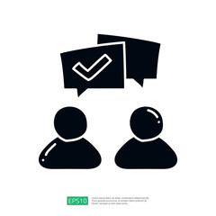 The image features two stylized figures with speech bubbles above them, indicating communication or discussion, possibly about agreement or feedback.