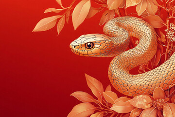 Fototapeta premium A striking illustration for 2025 featuring a golden snake amidst rich foliage on a vivid red background, ideal for New Year celebrations and promotional banners.