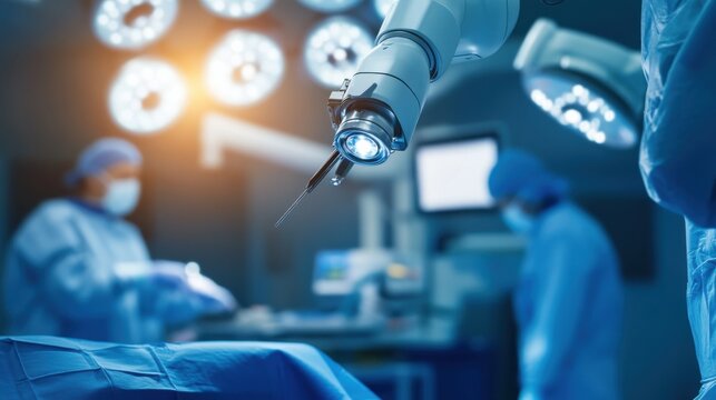 A medical robot performing surgery in a high-tech operating room, surgeons observing with advanced medical equipment, Surgical robotics style