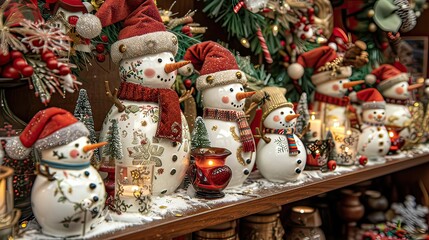 A shelf decorated with miniature snowmen, garlands, and candles.