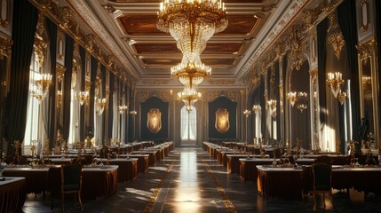 Obraz premium A grand dining hall with elegant chandeliers and tables set for a formal gathering.