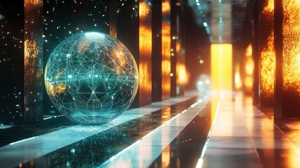 A futuristic corridor featuring glowing spheres and vibrant lights.