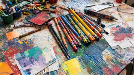 Fototapeta premium A colorful array of art supplies scattered on a vibrant, paint-splattered table.