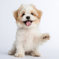 Obraz premium playful Shih Tzu puppy with fluffy fur and happy expression, sitting and waving its paw. This adorable pet exudes joy and charm, perfect for animal lovers