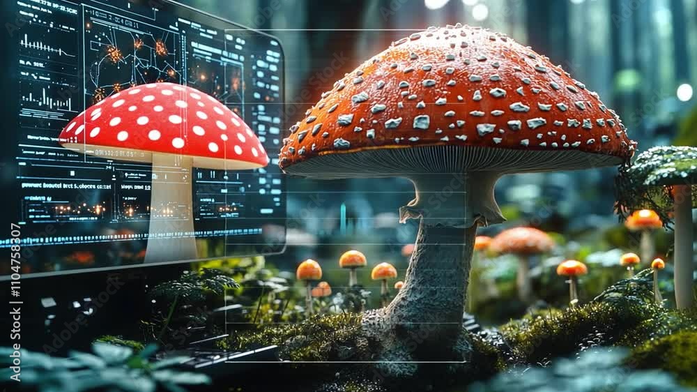 Poster a vibrant red mushroom stands next to a computer displaying data in a mystical forest setting
