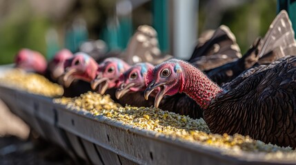 Turkeys Feeding at Farm with Bright Colors and Clear Details