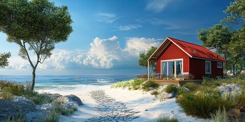 exterior luxury red cottage in the beach with white sand, paving stones and clear water sea 