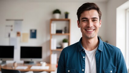 Fototapeta premium Smiling cheerful young adult caucasian american man in casual attire looking at camera standing at home office background. Happy confident white guy headshot face front close up portrait