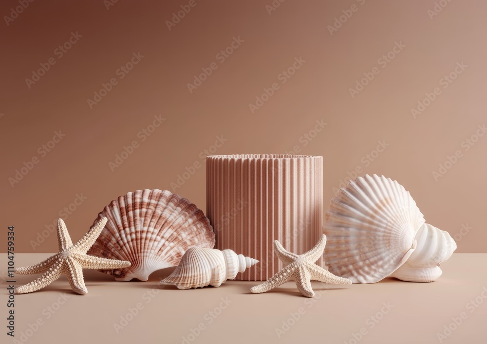 Poster Minimalist Seashells and Starfish Display on Beige Stands with Gradient Brown Background