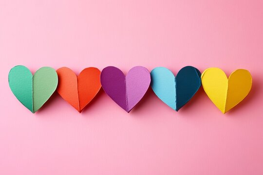 Rainbow Colored Paper Hearts on Pastel Pink Background for LGBT Pride Celebration
