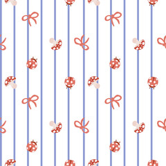 Vector pattern of fabric, wallpaper, wrapping paper, mats and bed sheets. Continuous and repeatable. Cute style. Designed with horizontal lines. Interspersed with mushrooms, ladybugs and empty bows.