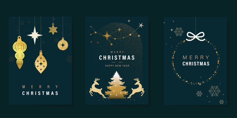 Merry Christmas and Happy New Year greeting card vector set. Luxury invitation with Christmas tree, reindeer, bauble, spot texture on navy blue background. Design illustration for season's card, ads.