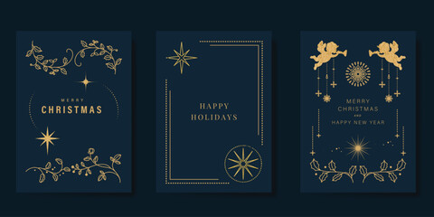 Merry Christmas and Happy New Year greeting card vector set. Luxury invitation with Christmas tree, holly, cupid, spot texture on navy blue background. Design illustration for season's card, ads.