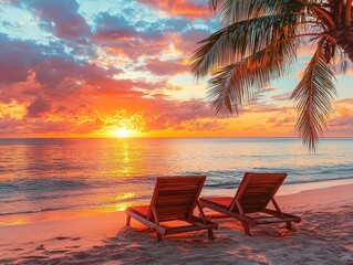 Tropical sunset with two sun beds and a palm tree on the sandy beach - AI