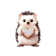 Fototapeta premium cute cartoon hedgehog holding heart shaped cookie with colorful sprinkles, expressing joy and warmth. This adorable character is perfect for conveying love and sweetness