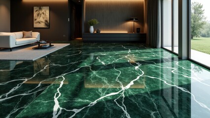 Obraz premium Deep dark green marble floor tiles with fine veining in a spacious setting