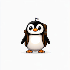 Obraz premium cartoon penguin with backpack and tiny flag, looking cheerful and adventurous. This cute character is perfect for children illustrations or travel themes
