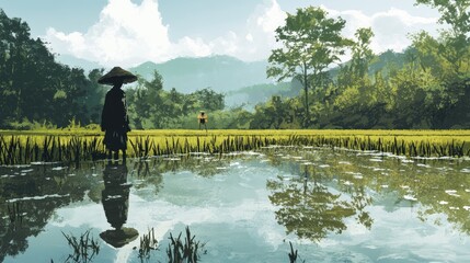 Obraz premium Serene Reflection of a Figure in a Verdant Landscape at Dusk