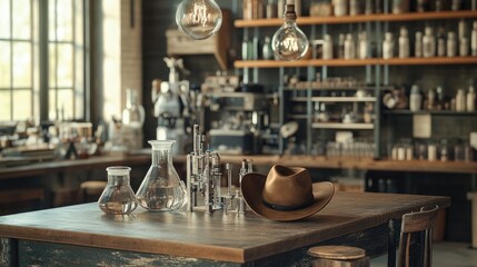 Fototapeta premium Rustic Workshop Interior with Industrial Style Lighting and Hat